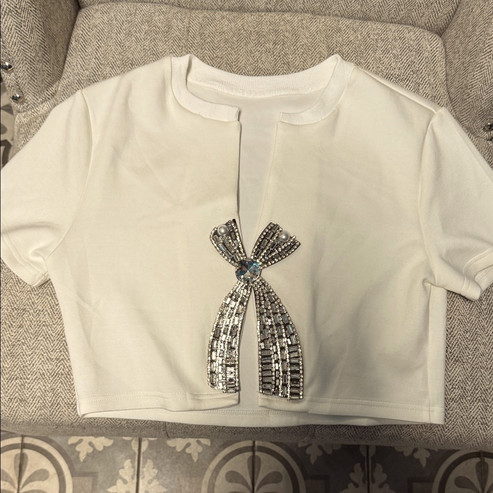 White Cropped Top with Silver Embellishment